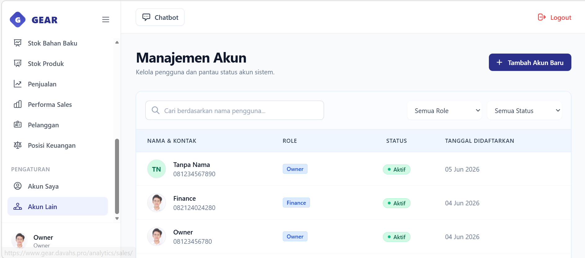 Accounts Index page