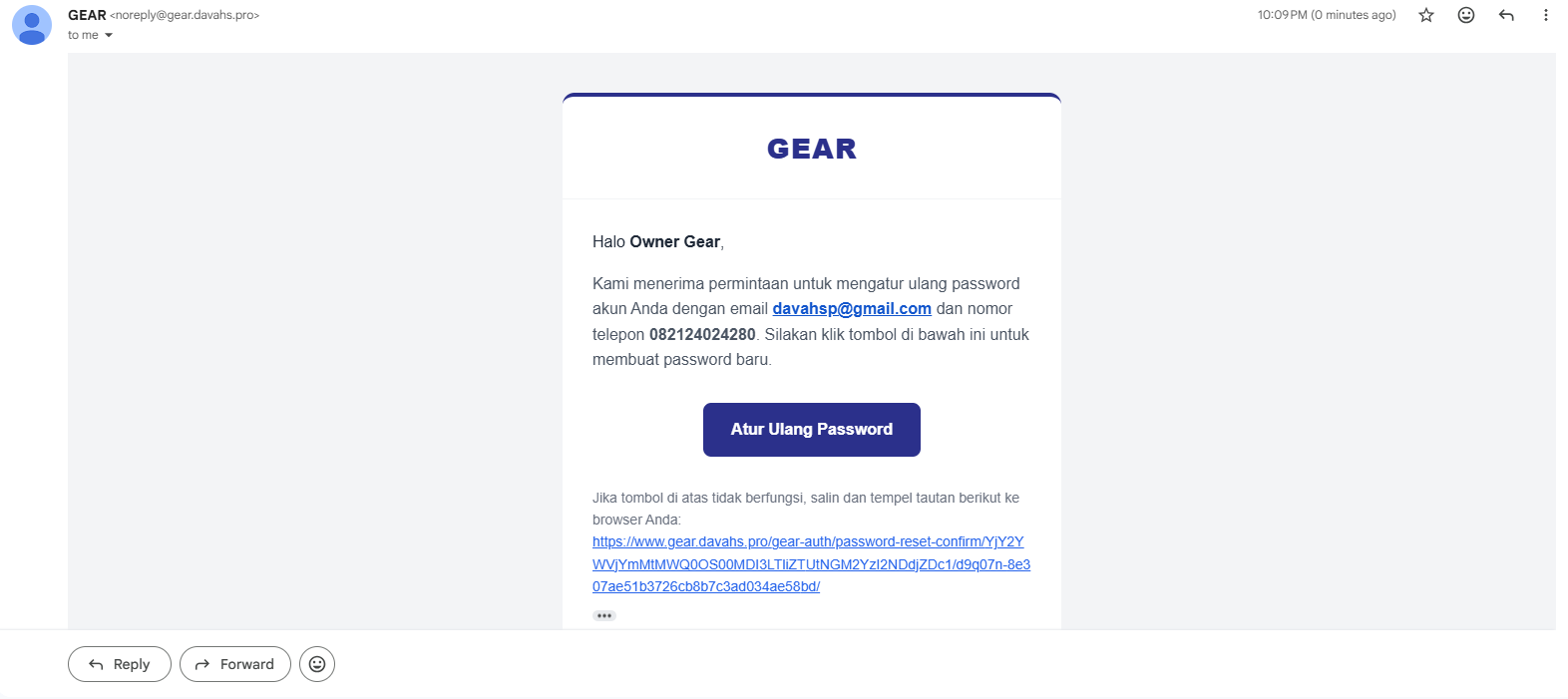 Password reset email