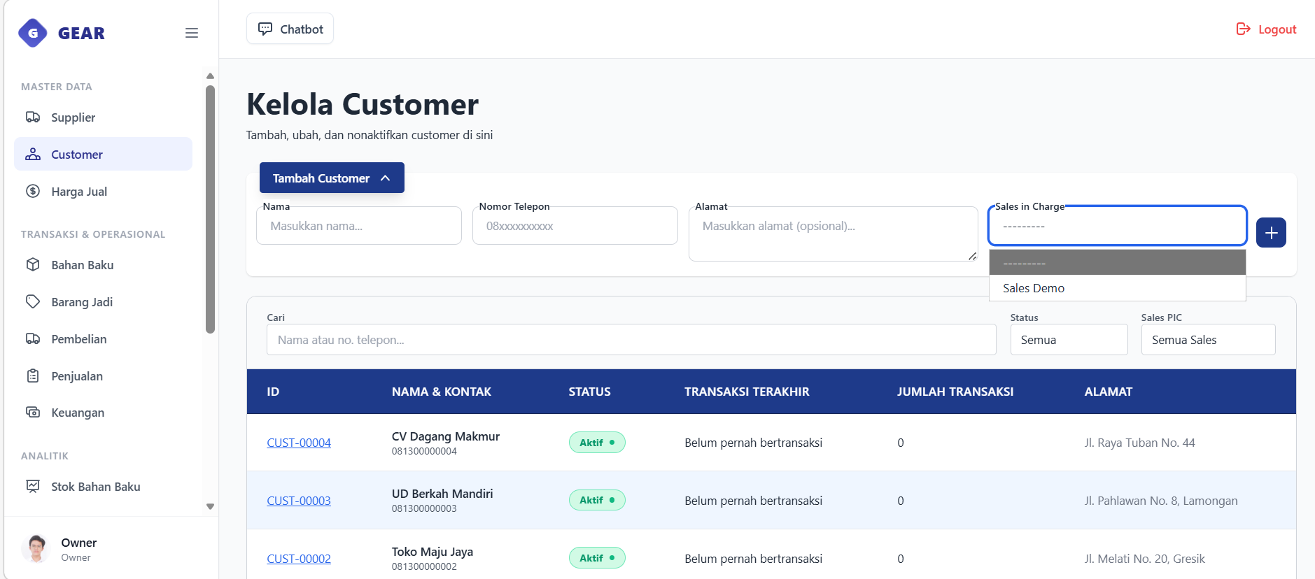 Customers Index page