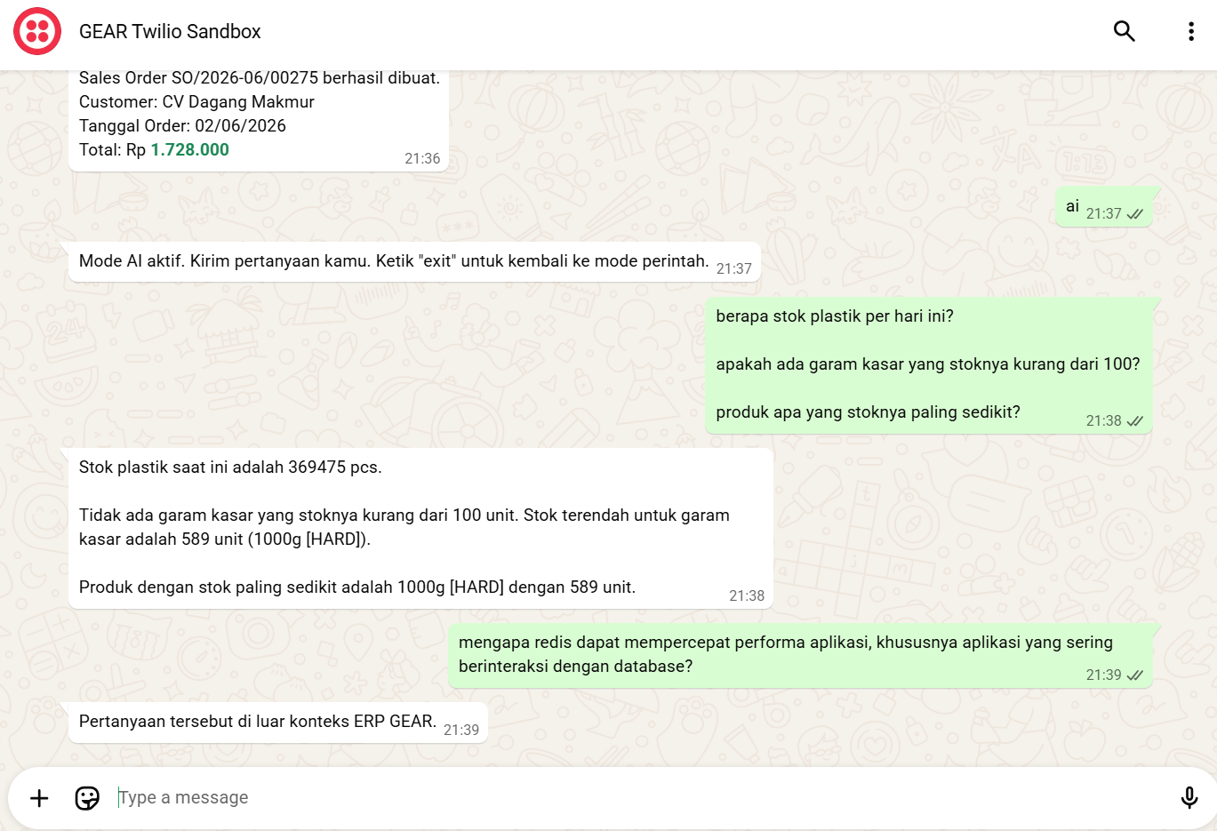 WhatsApp Chatbot AI Mode session