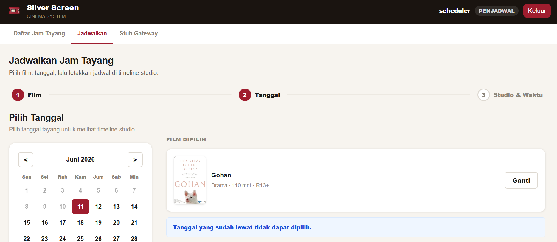 Scheduler Showtime Add Phase 2: Date Selection